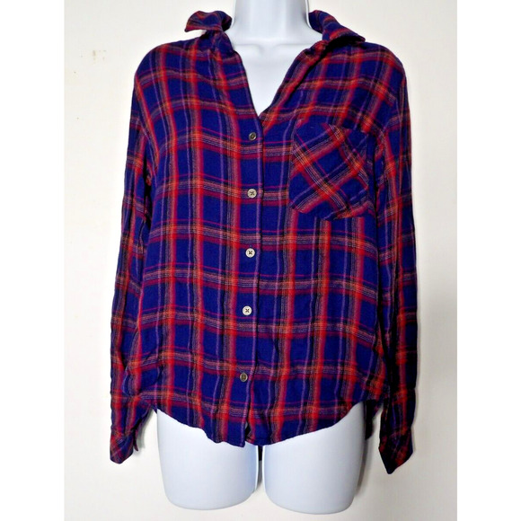 Cloth & Stone Small Plaid Button Up Shirt Anthro Blue Red Western Country - Picture 2 of 9